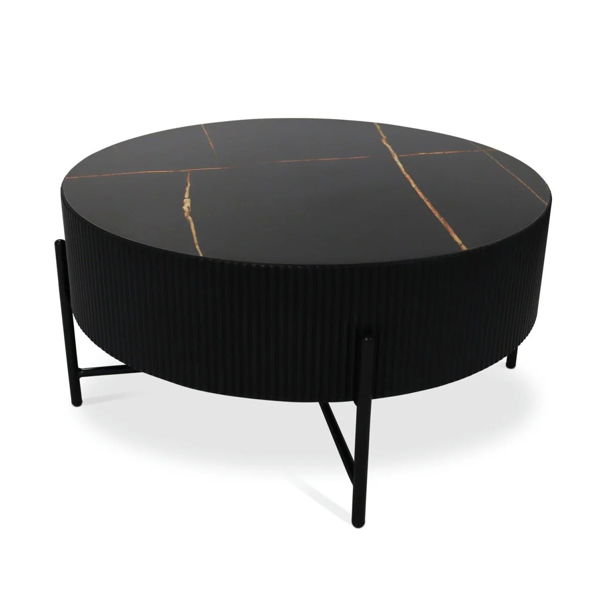 Furnhouse Milo Couchtisch Rund ø80 cm - Marmoroptik & Lamellenoptik Schwarz