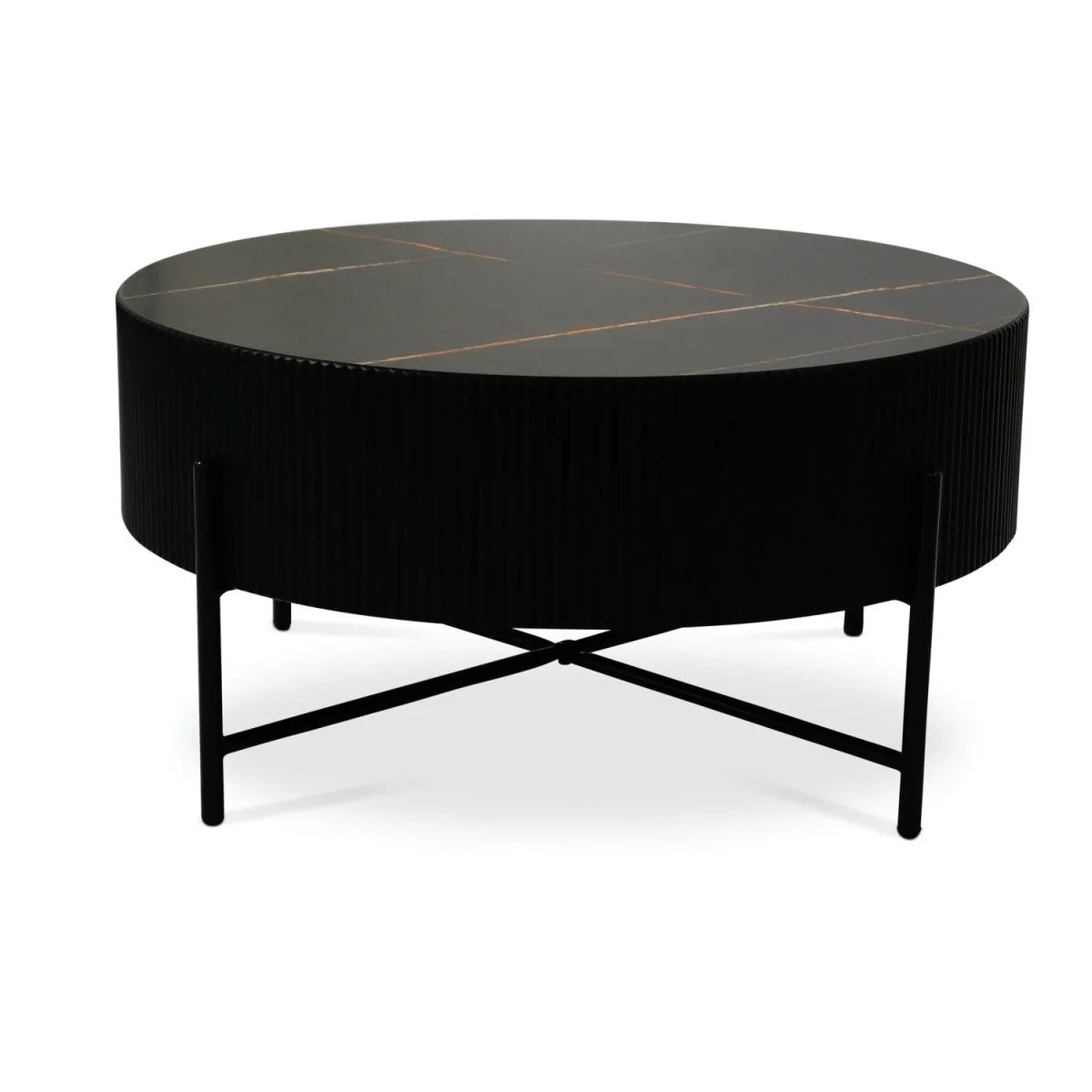 Furnhouse Milo Couchtisch Rund ø80 cm - Marmoroptik & Lamellenoptik Schwarz