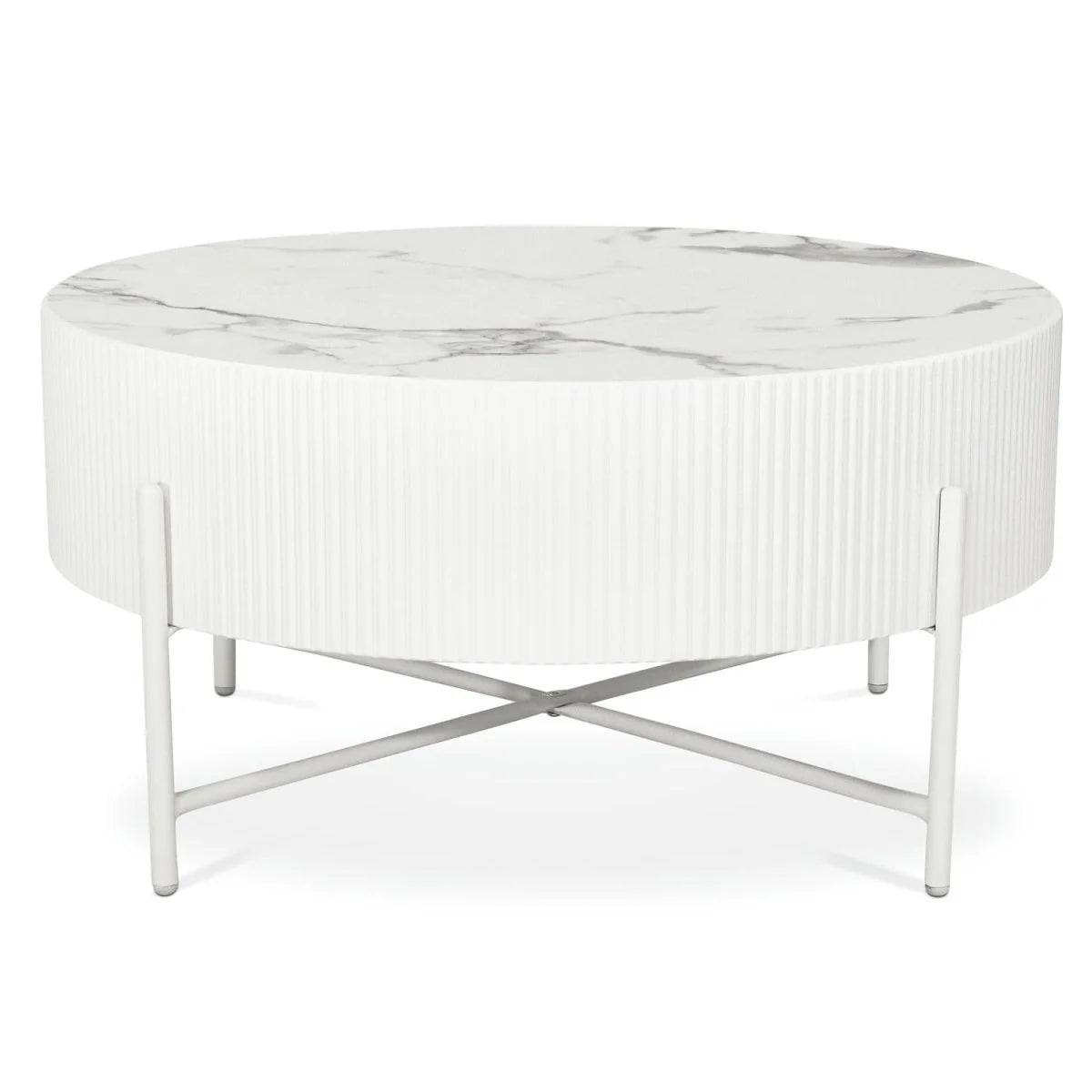 Furnhouse Milo Couchtisch Rund ø80 cm - Marmoroptik & Lamellenoptik Weiß