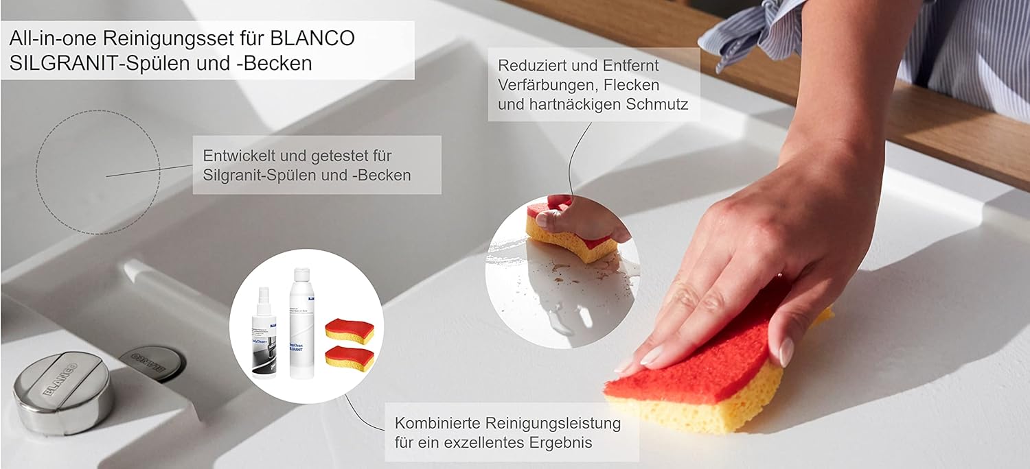BLANCO DeepClean Silgranit Reinigungsset | Reinigungs- und Pflegeprodukt für Granitspülen | All-in-One-Reinigungsset (DailyClean + DeepClean Silgranit + Spontex Schwamm) | Professioneller Reiniger
