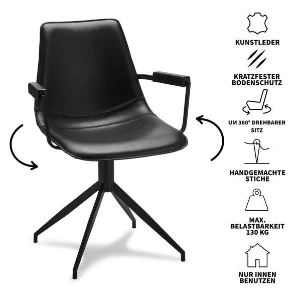 Furnhouse Isabel Esszimmerstühle mit Armlehne 2er Set - Drehbar, Kunstleder Schwarz