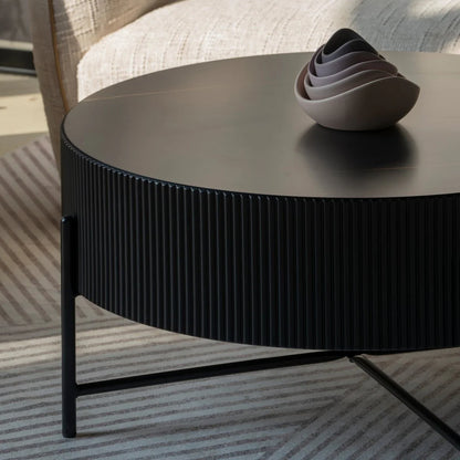 Furnhouse Milo Couchtisch Rund ø80 cm - Marmoroptik & Lamellenoptik Schwarz