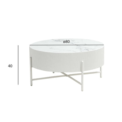 Furnhouse Milo Couchtisch Rund ø80 cm - Marmoroptik & Lamellenoptik Weiß
