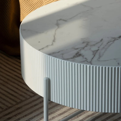 Furnhouse Milo Couchtisch Rund ø80 cm - Marmoroptik & Lamellenoptik Weiß