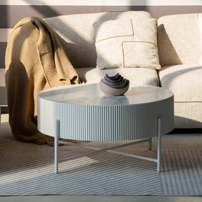 Furnhouse Milo Couchtisch Rund ø80 cm - Marmoroptik & Lamellenoptik Weiß